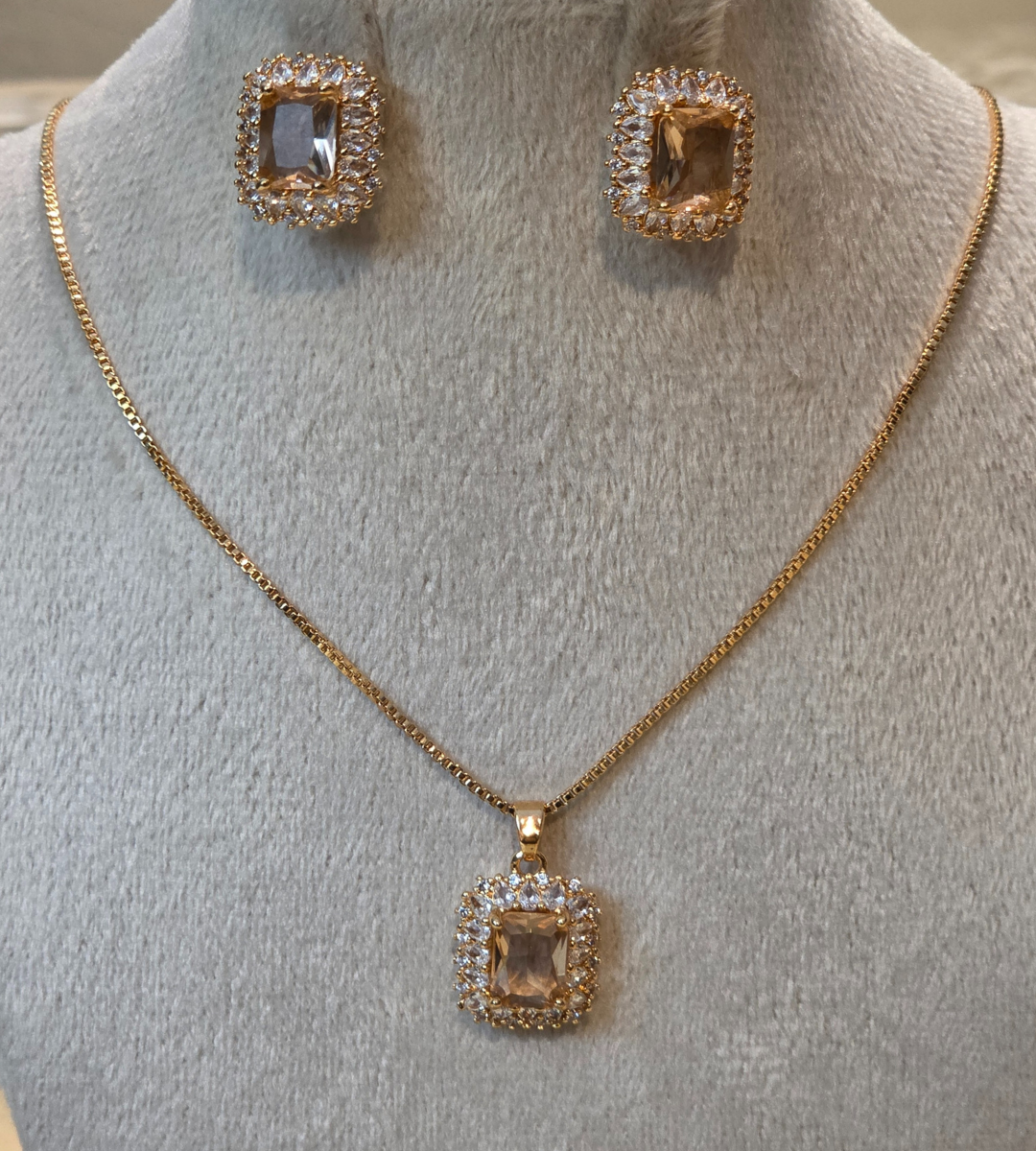 Champagne Crystal Square Halo Necklace and Earring Set