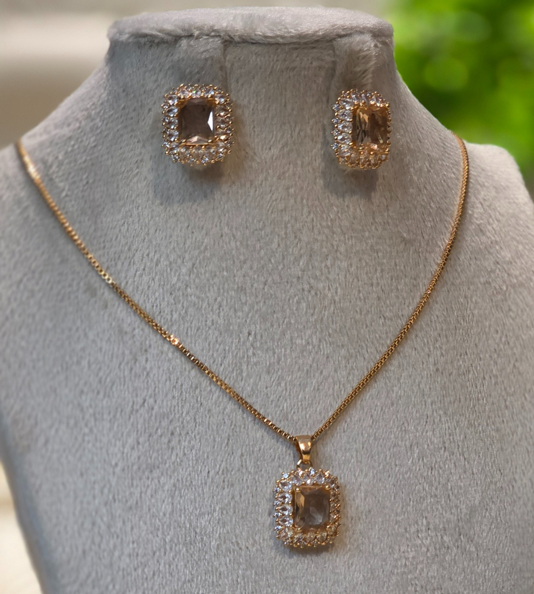 Champagne Crystal Square Halo Necklace and Earring Set