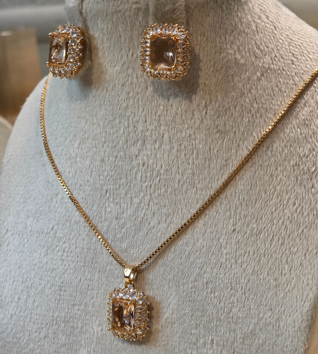Champagne Crystal Square Halo Necklace and Earring Set