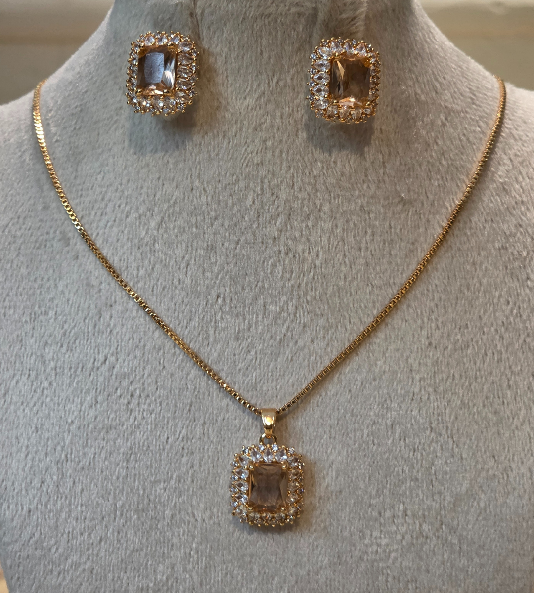 Champagne Crystal Square Halo Necklace and Earring Set