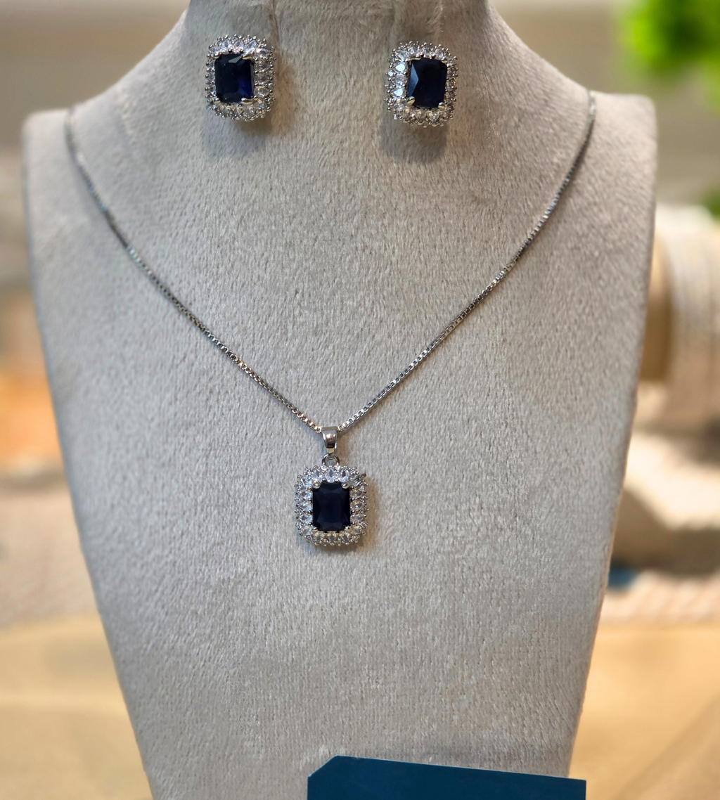 Blue Sapphire Square Silver-Plated Necklace and Earring Set