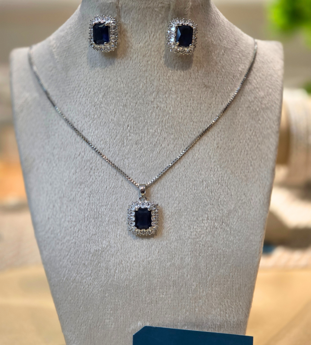 Blue Sapphire Square Silver-Plated Necklace and Earring Set