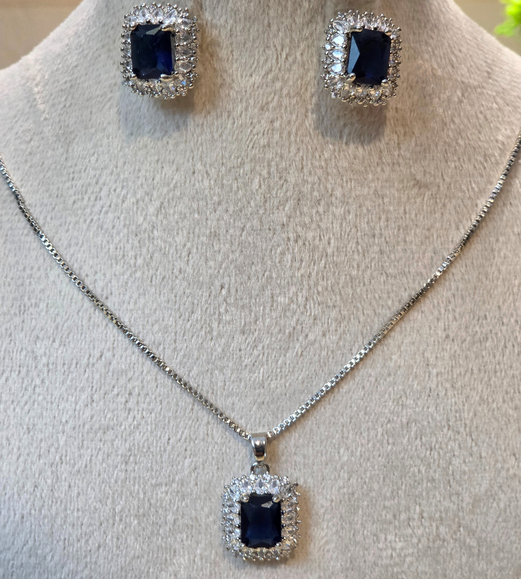 Blue Sapphire Square Silver-Plated Necklace and Earring Set