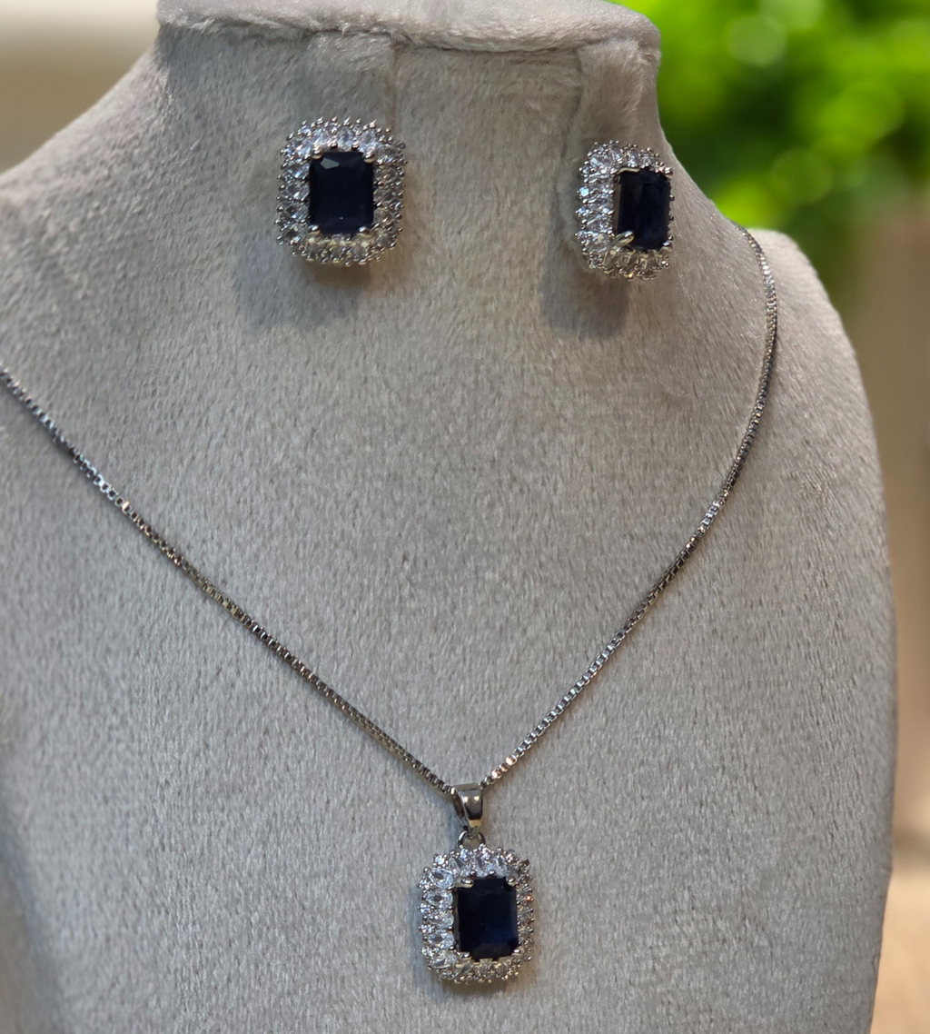 Blue Sapphire Square Silver-Plated Necklace and Earring Set