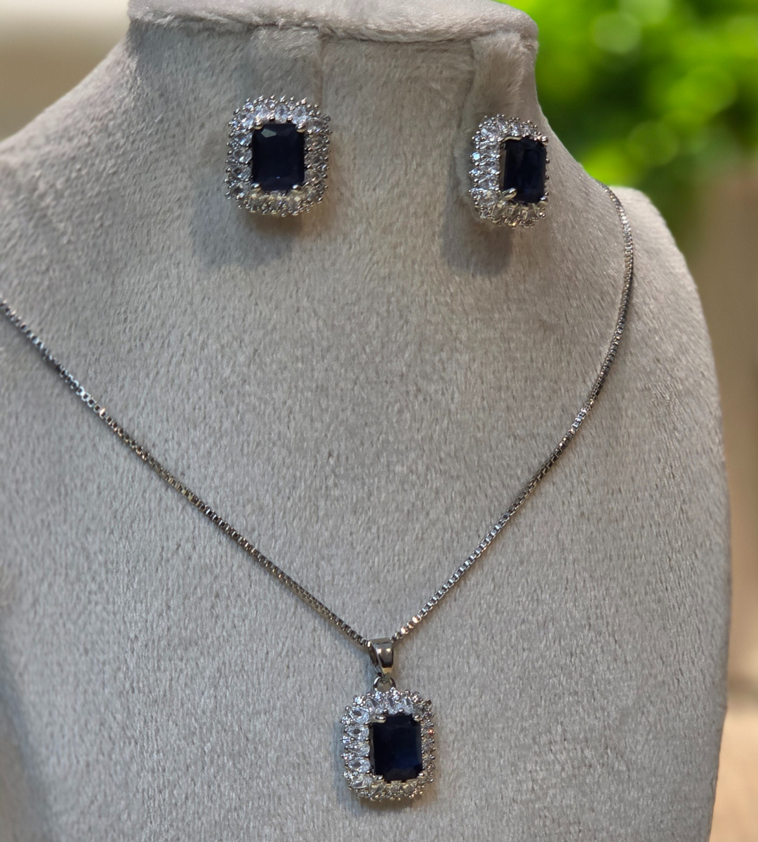 Blue Sapphire Square Silver-Plated Necklace and Earring Set