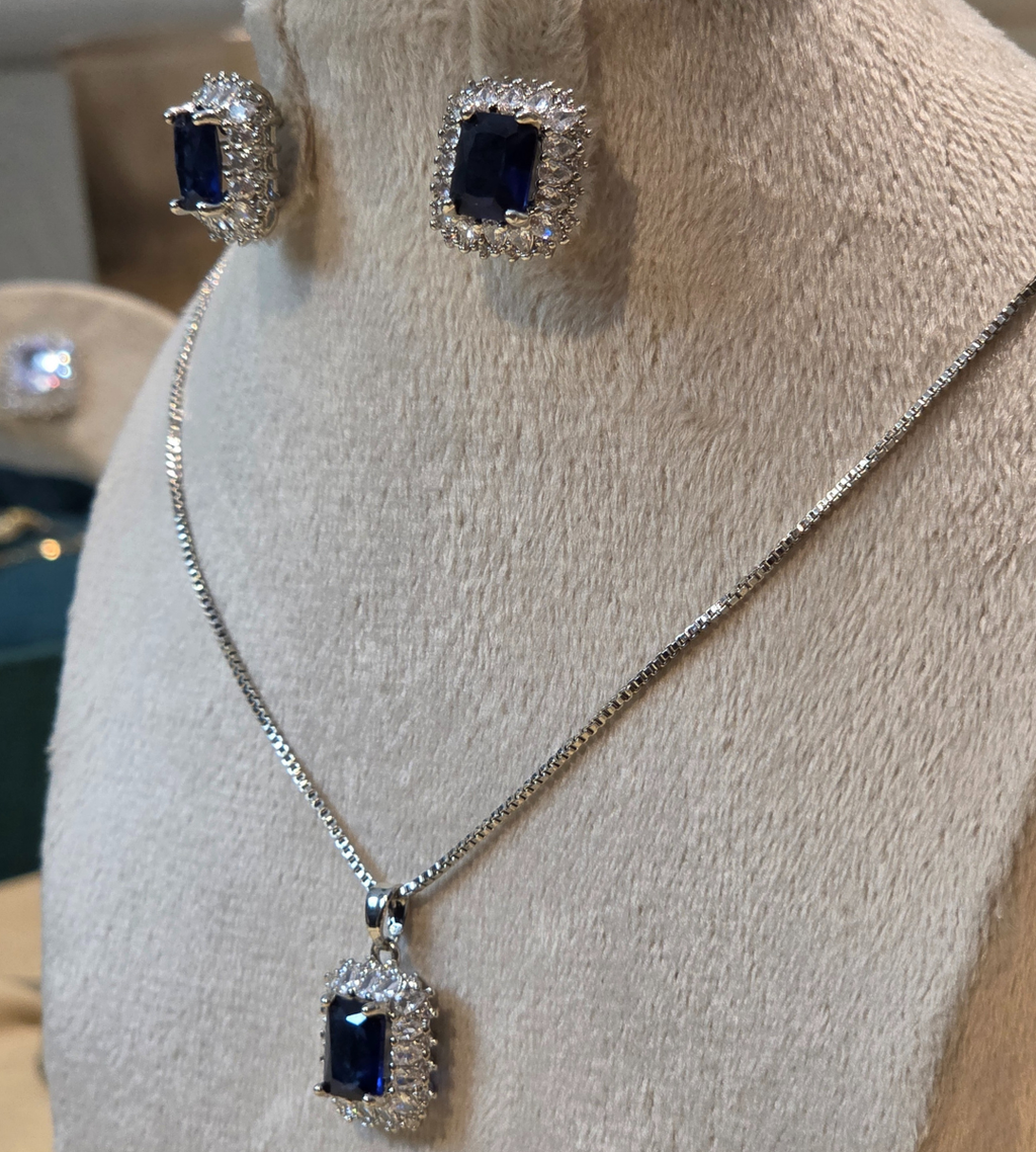 Blue Sapphire Square Silver-Plated Necklace and Earring Set