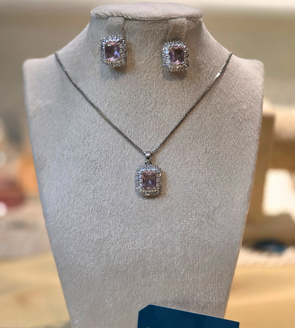 Pink Crystal Square Halo Necklace and Earring Set
