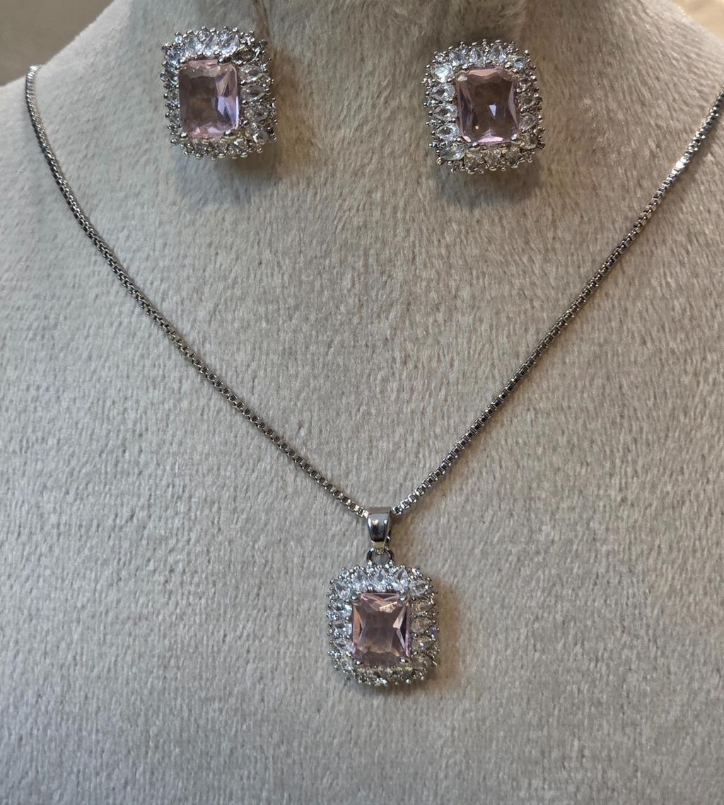 Pink Crystal Square Halo Necklace and Earring Set