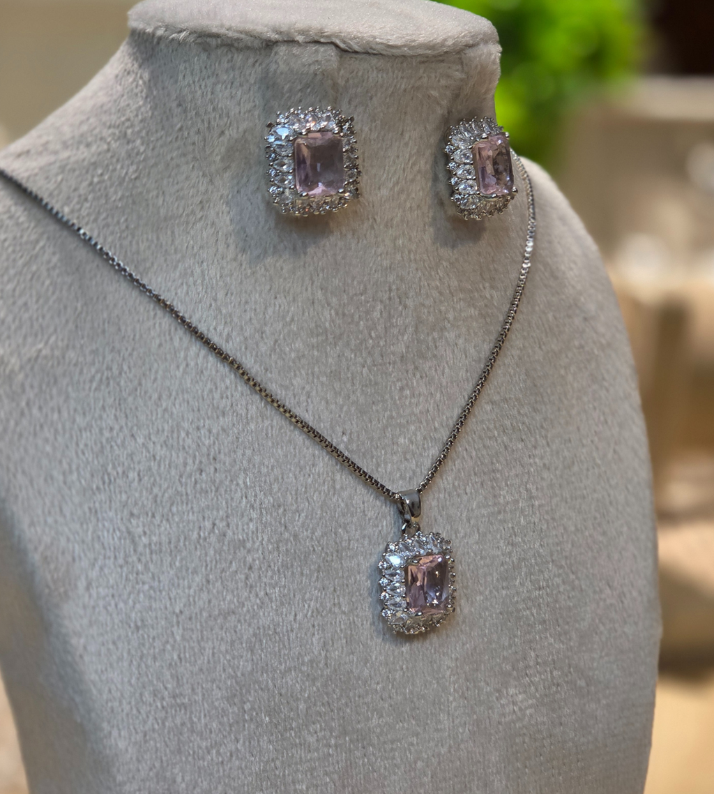 Pink Crystal Square Halo Necklace and Earring Set