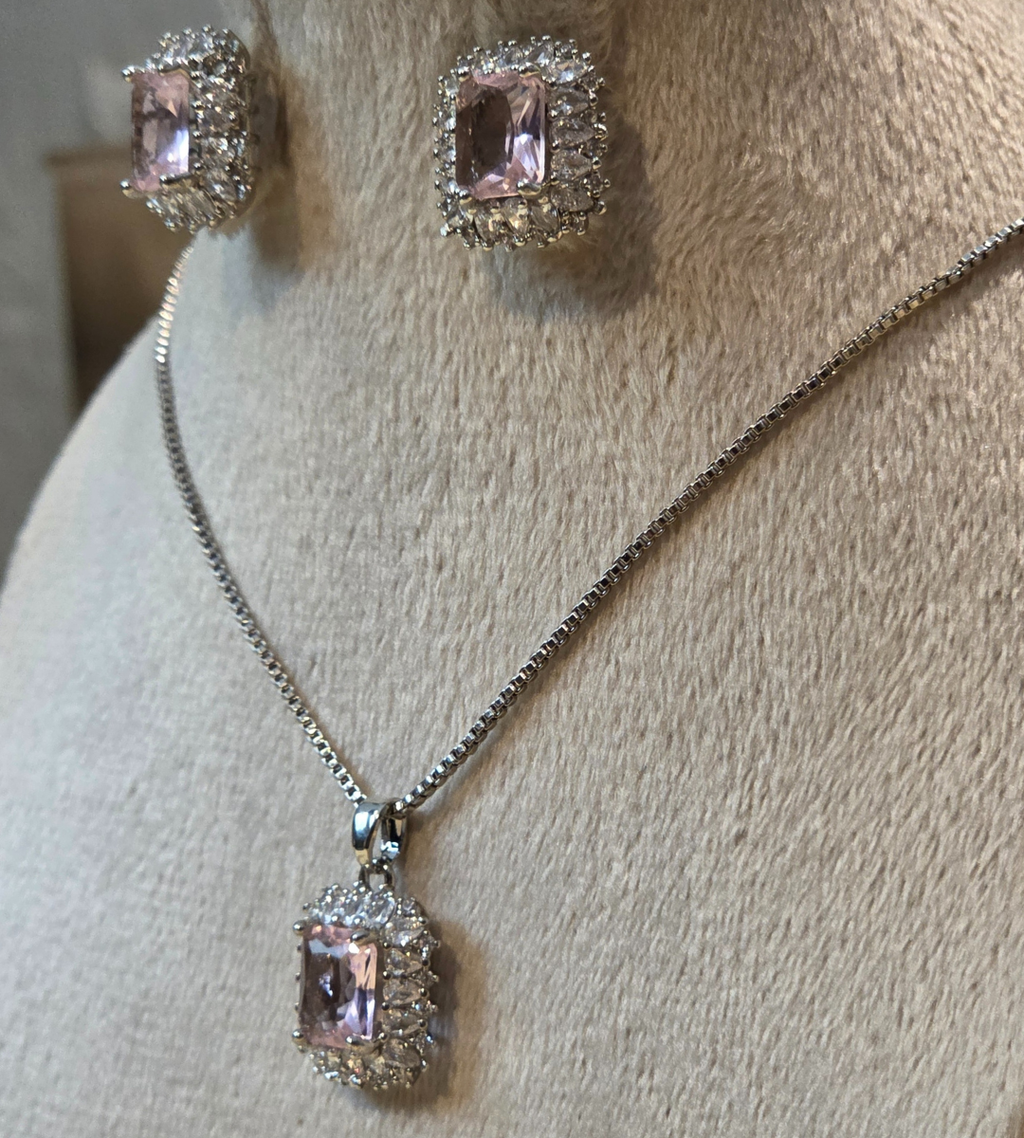 Pink Crystal Square Halo Necklace and Earring Set