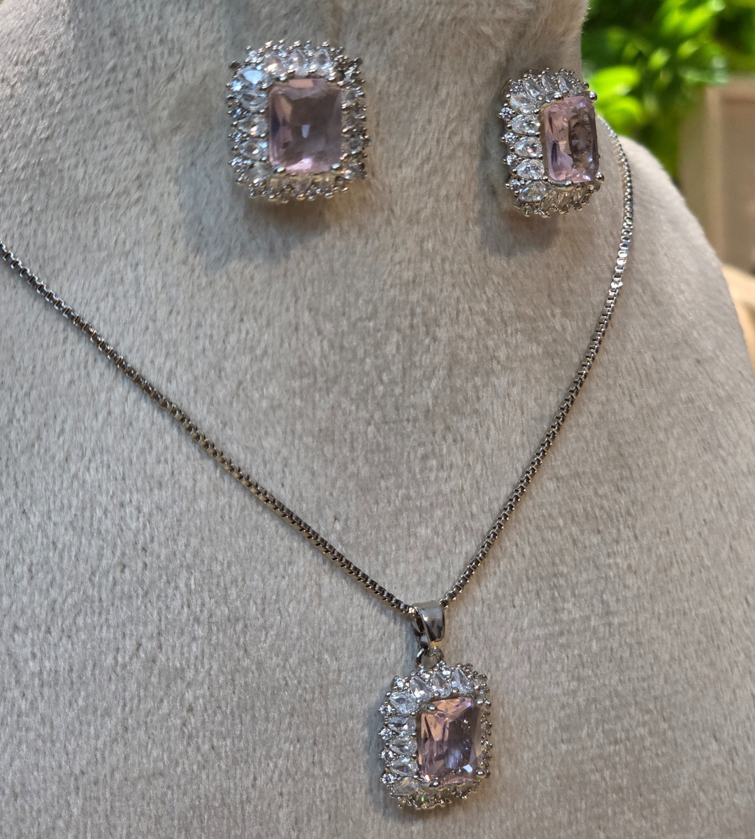 Pink Crystal Square Halo Necklace and Earring Set