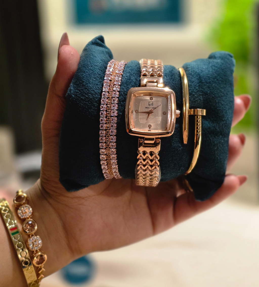 Cubic Watch with Cartier Nail Bracelet + Double Beaded Bracelet