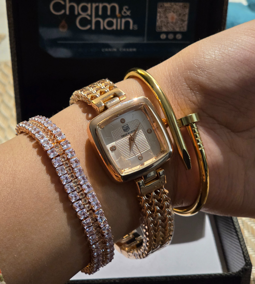 Cubic Watch with Cartier Nail Bracelet + Double Beaded Bracelet