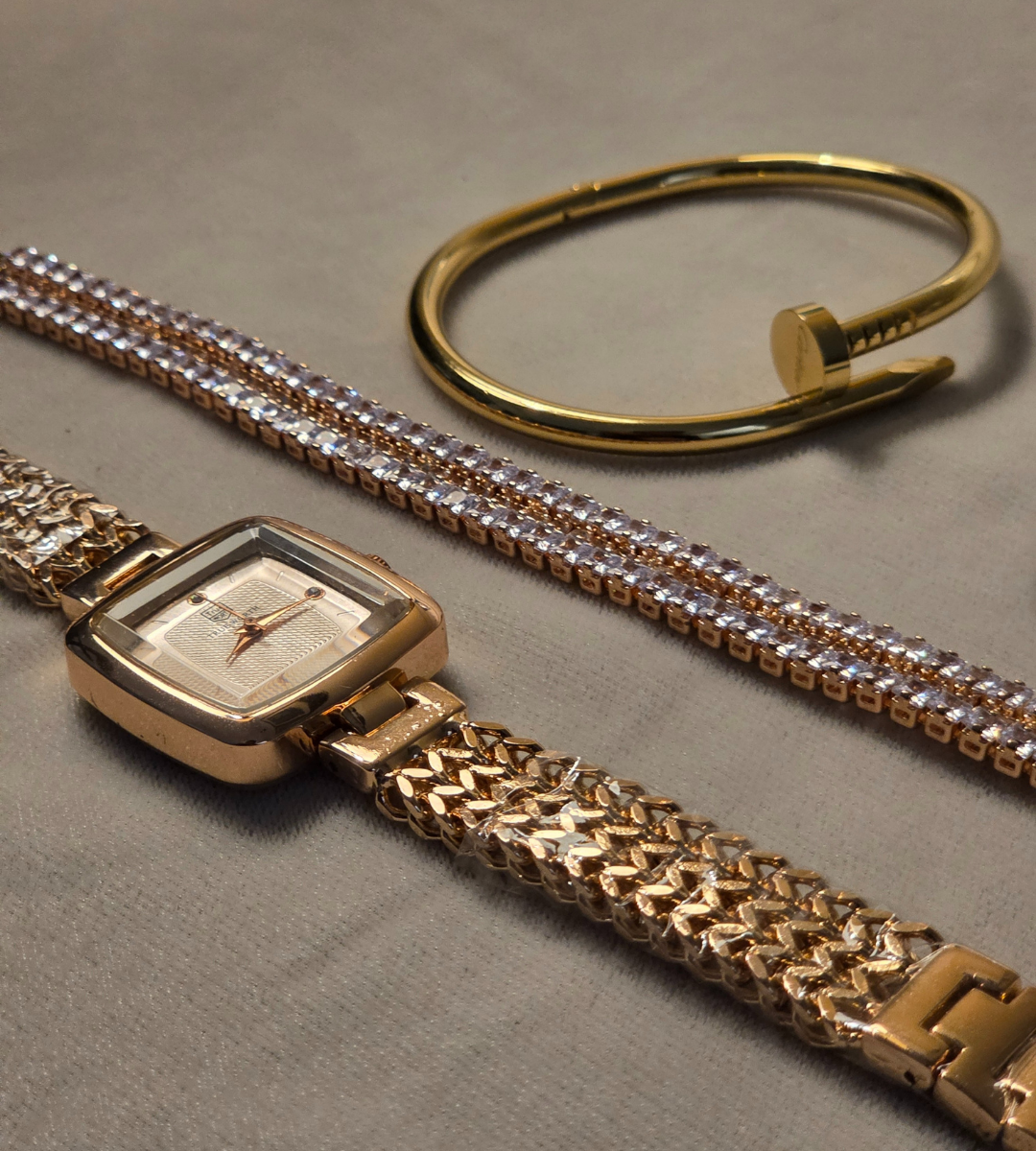 Cubic Watch with Cartier Nail Bracelet + Double Beaded Bracelet