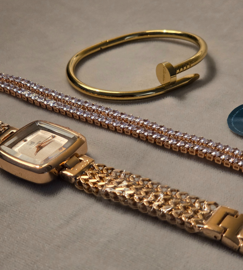 Cubic Watch with Cartier Nail Bracelet + Double Beaded Bracelet