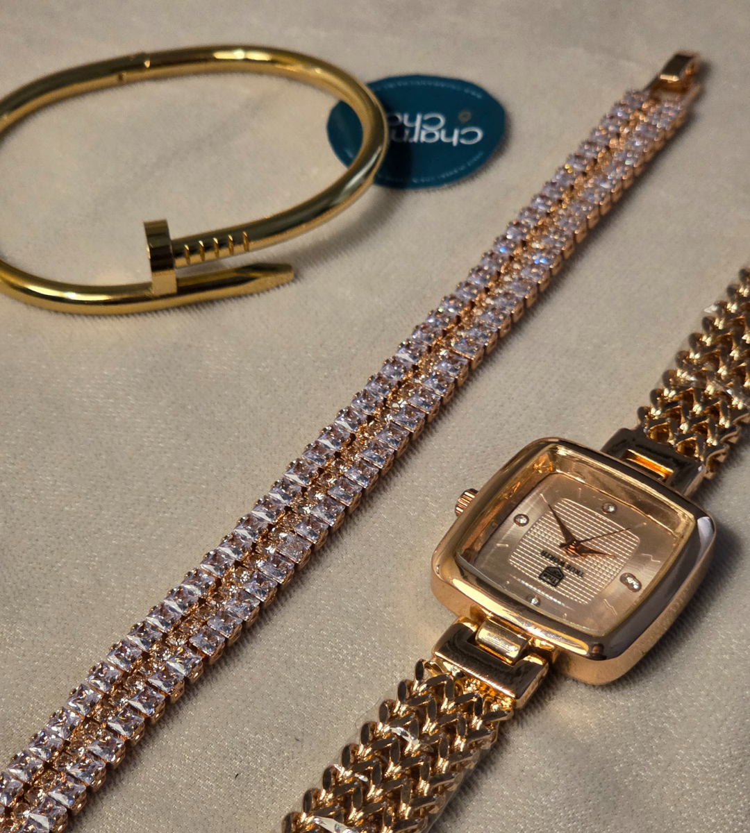 Cubic Watch with Cartier Nail Bracelet + Double Beaded Bracelet