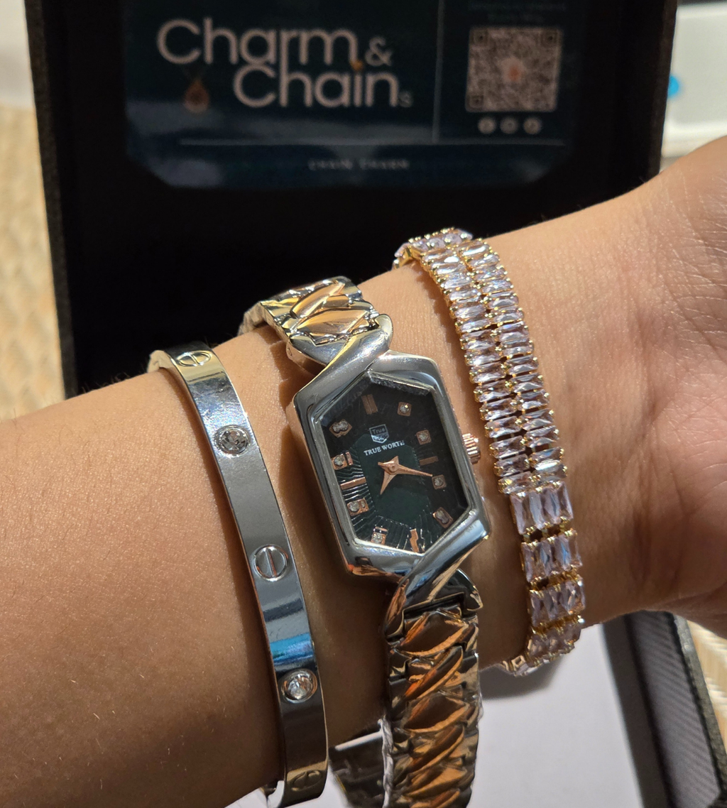 Watch with Cartier Bracelet + Double Beaded Bracelet