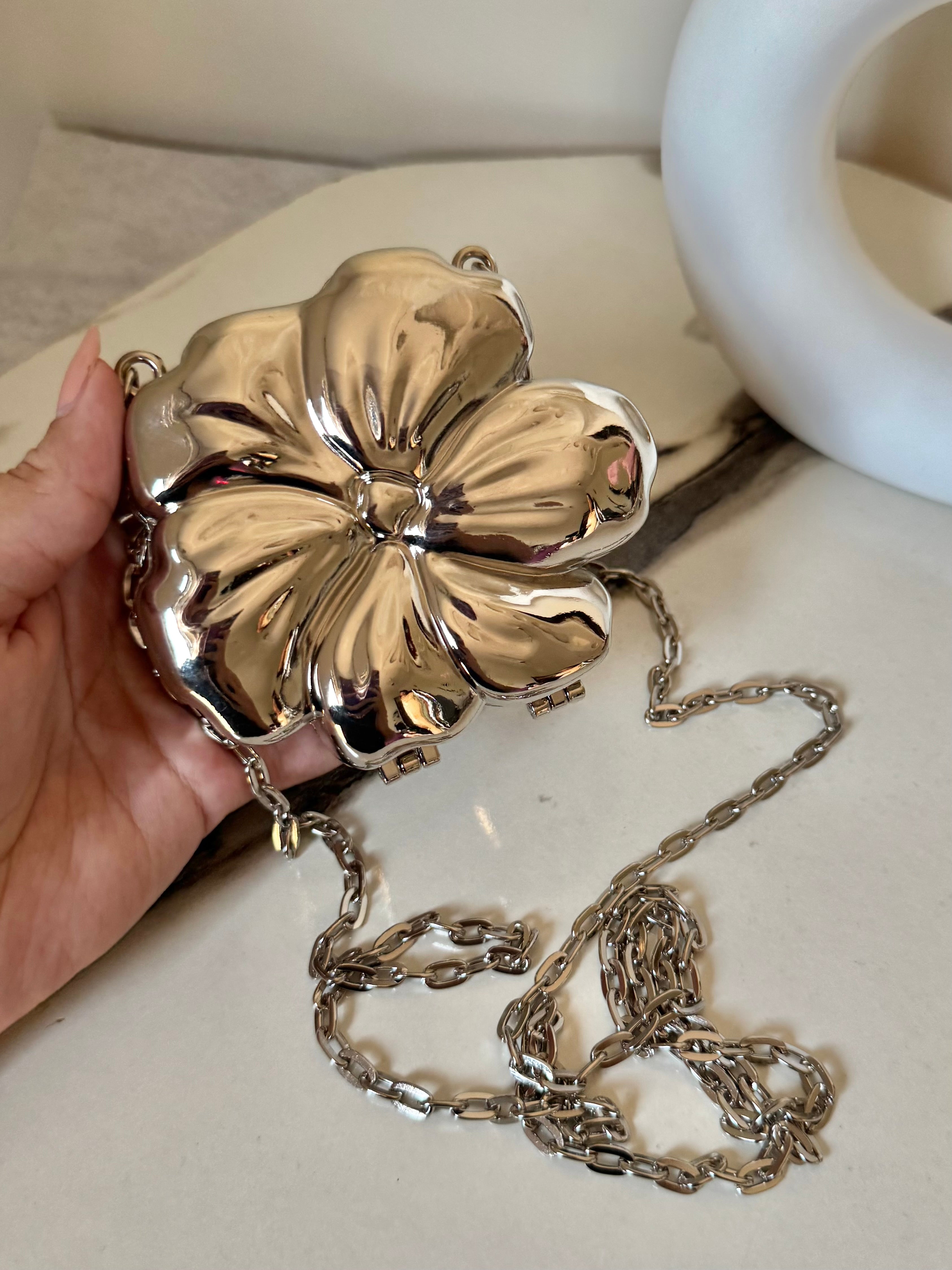 Viral Flower Metallic Clutch with Chain - Silver