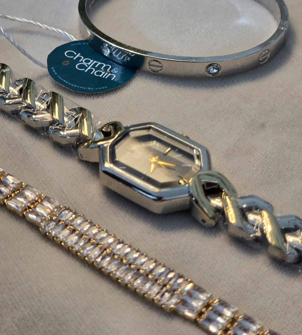 Watch with Cartier Bracelet + Double Beaded Bracelet