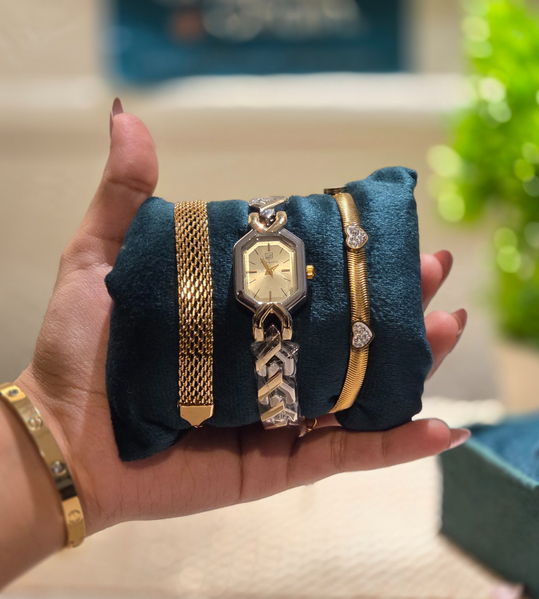 Watch with Heart & Wide Chain Bracelet