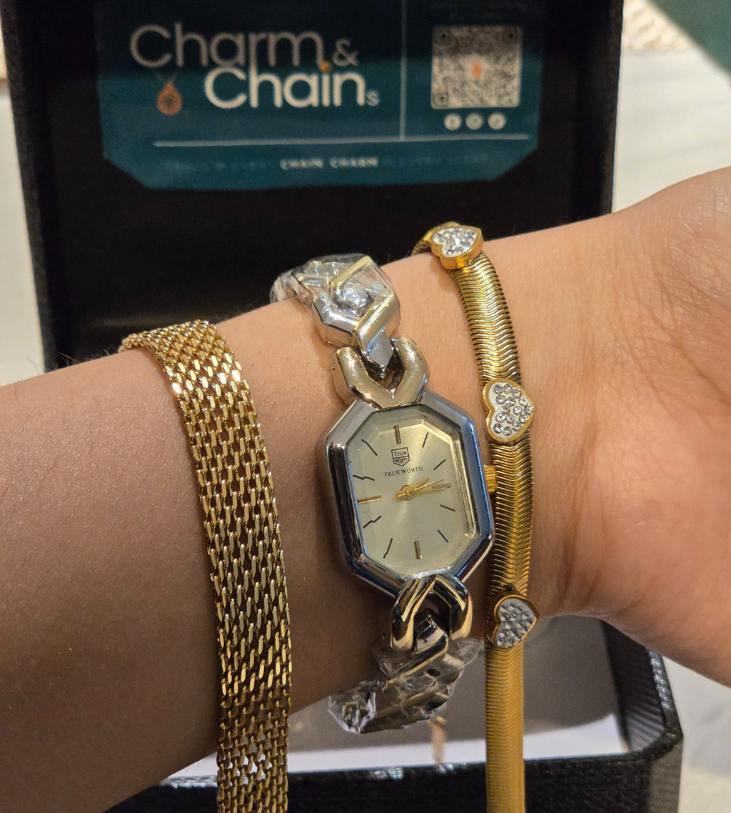 Watch with Heart & Wide Chain Bracelet