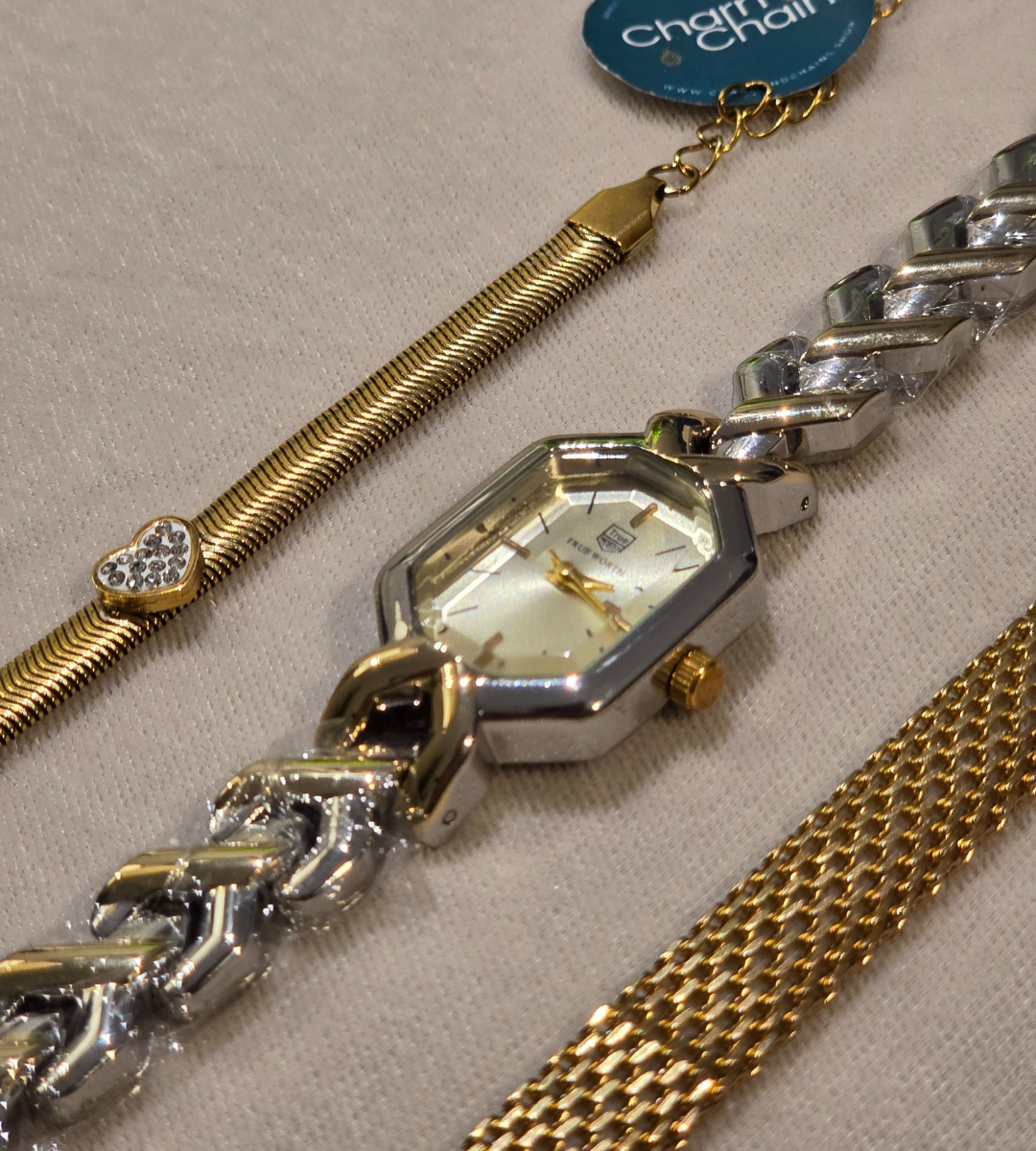 Watch with Heart & Wide Chain Bracelet