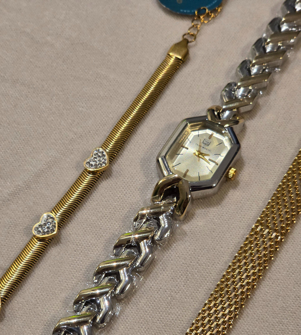 Watch with Heart & Wide Chain Bracelet