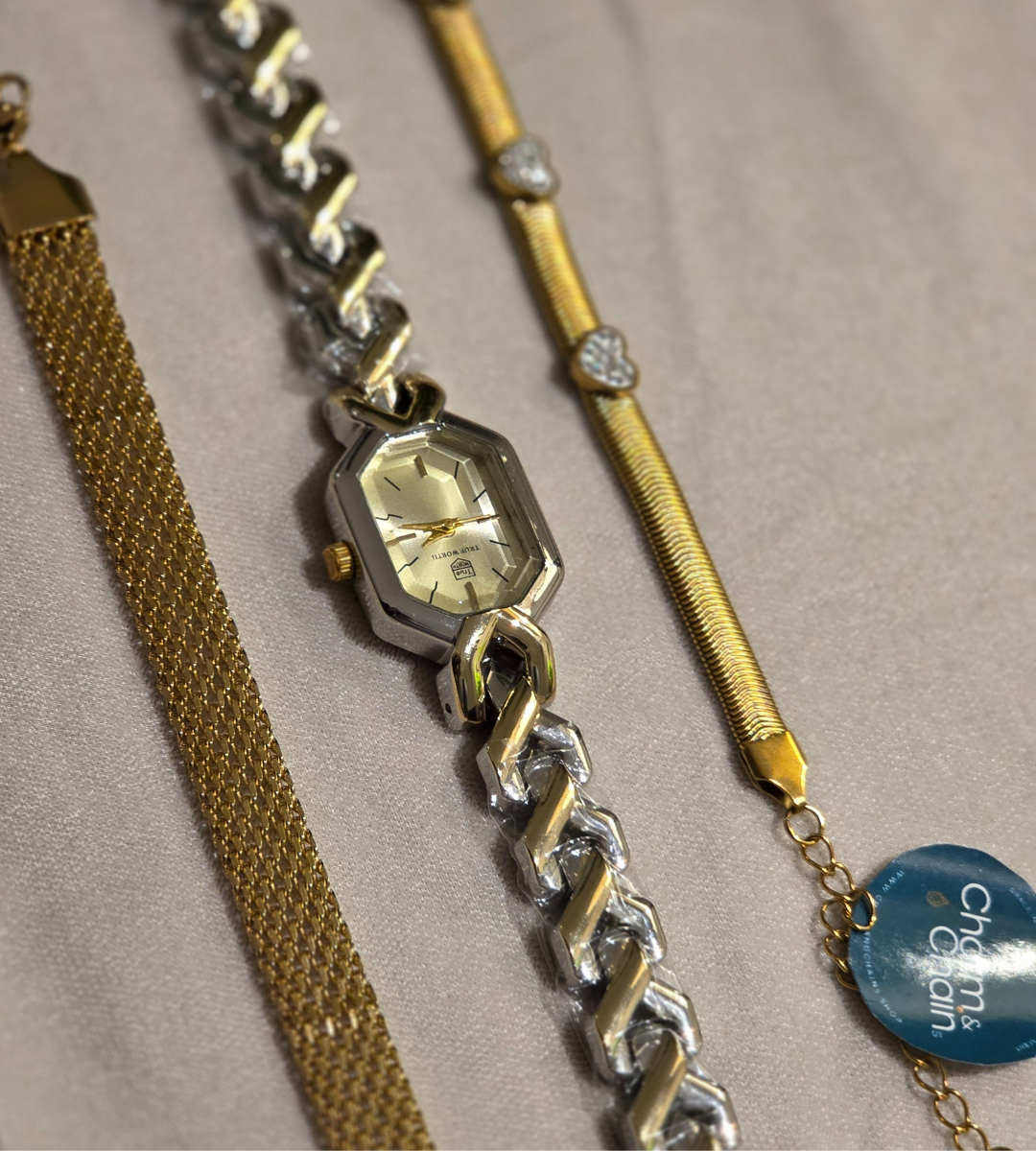 Watch with Heart & Wide Chain Bracelet