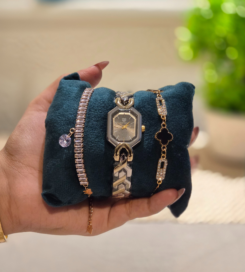 Watch with leaf clover motif bracelet + waterway stone chain with teardrop charm