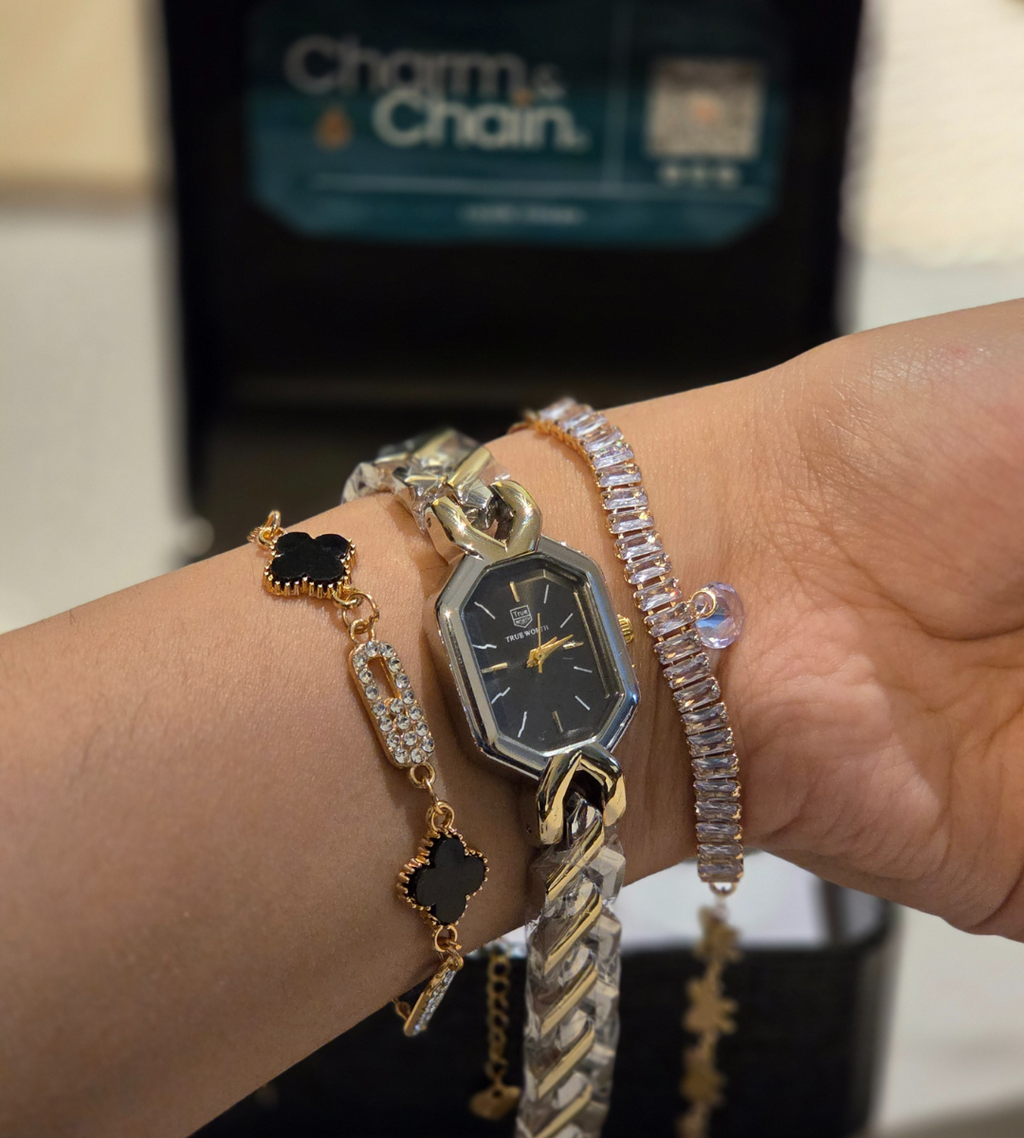 Watch with leaf clover motif bracelet + waterway stone chain with teardrop charm