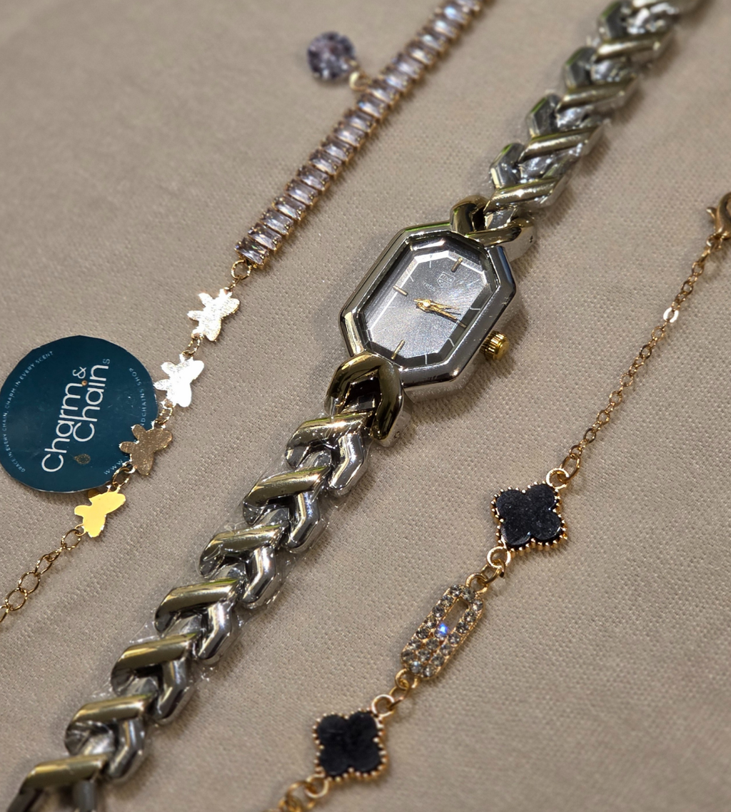 Watch with leaf clover motif bracelet + waterway stone chain with teardrop charm