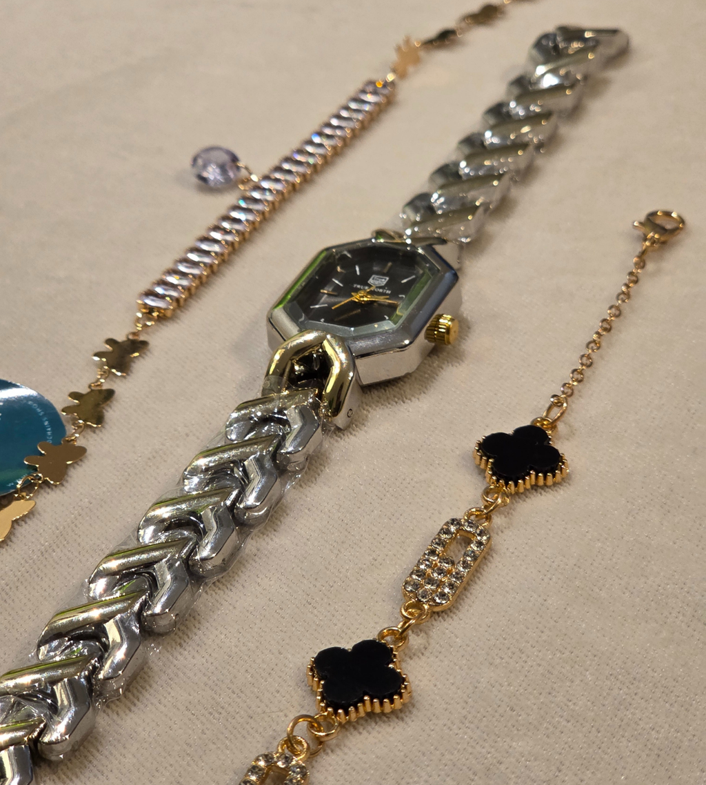 Watch with leaf clover motif bracelet + waterway stone chain with teardrop charm