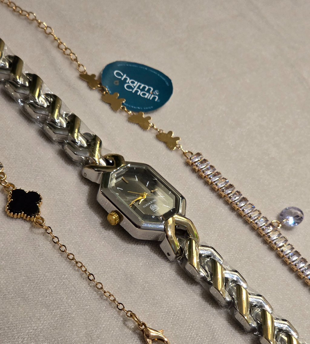 Watch with leaf clover motif bracelet + waterway stone chain with teardrop charm
