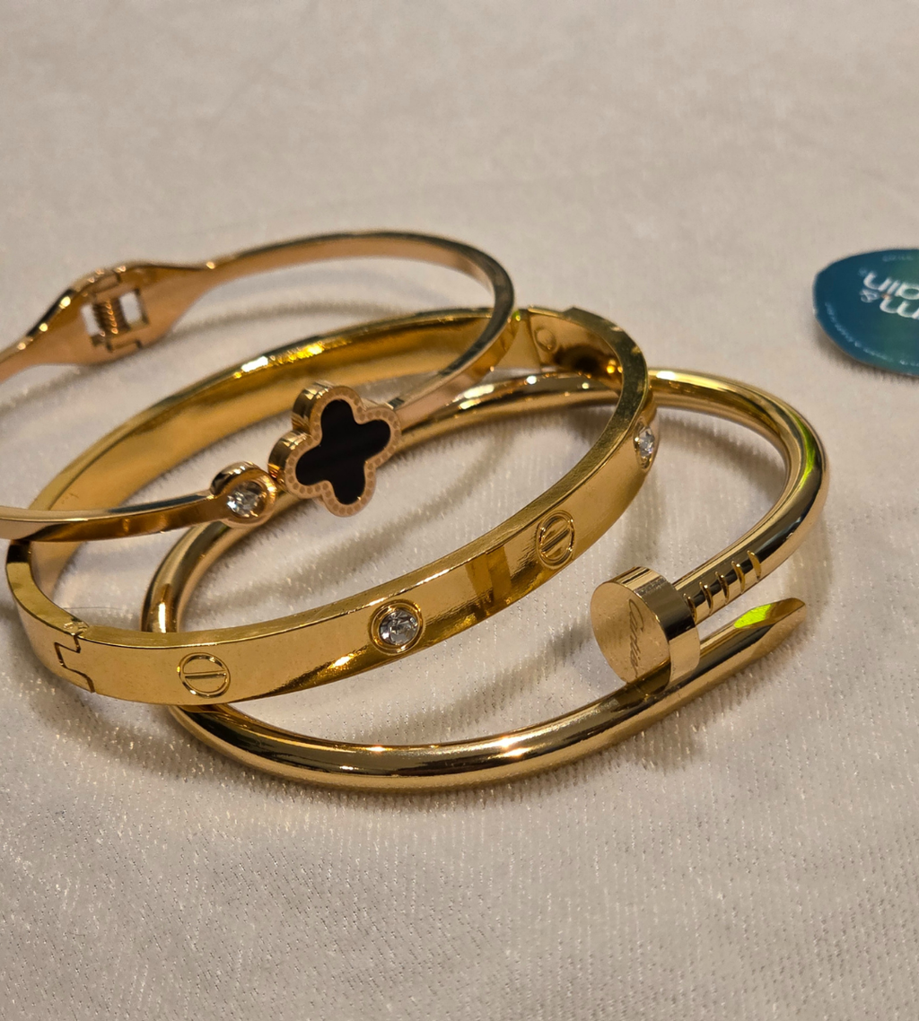 Trio Stack of Cartier Love & Nail Bangle With Black Clover Bangle