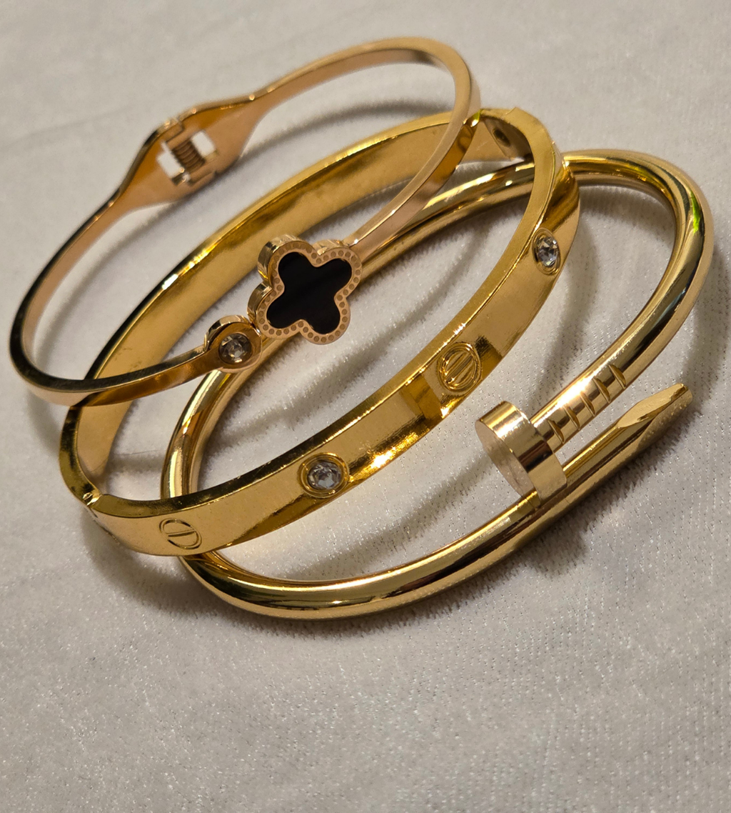 Trio Stack of Cartier Love & Nail Bangle With Black Clover Bangle
