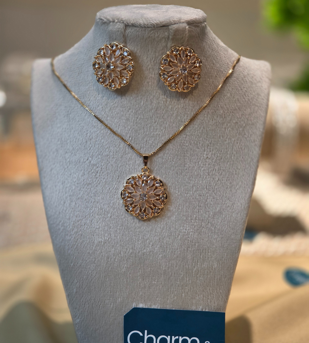 Gold-Plated Floral Pendant and Earring Set (Stone Color= Pink)