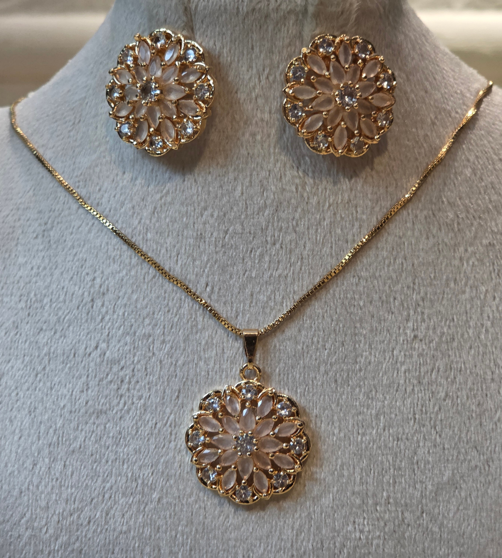 Gold-Plated Floral Pendant and Earring Set (Stone Color= Pink)