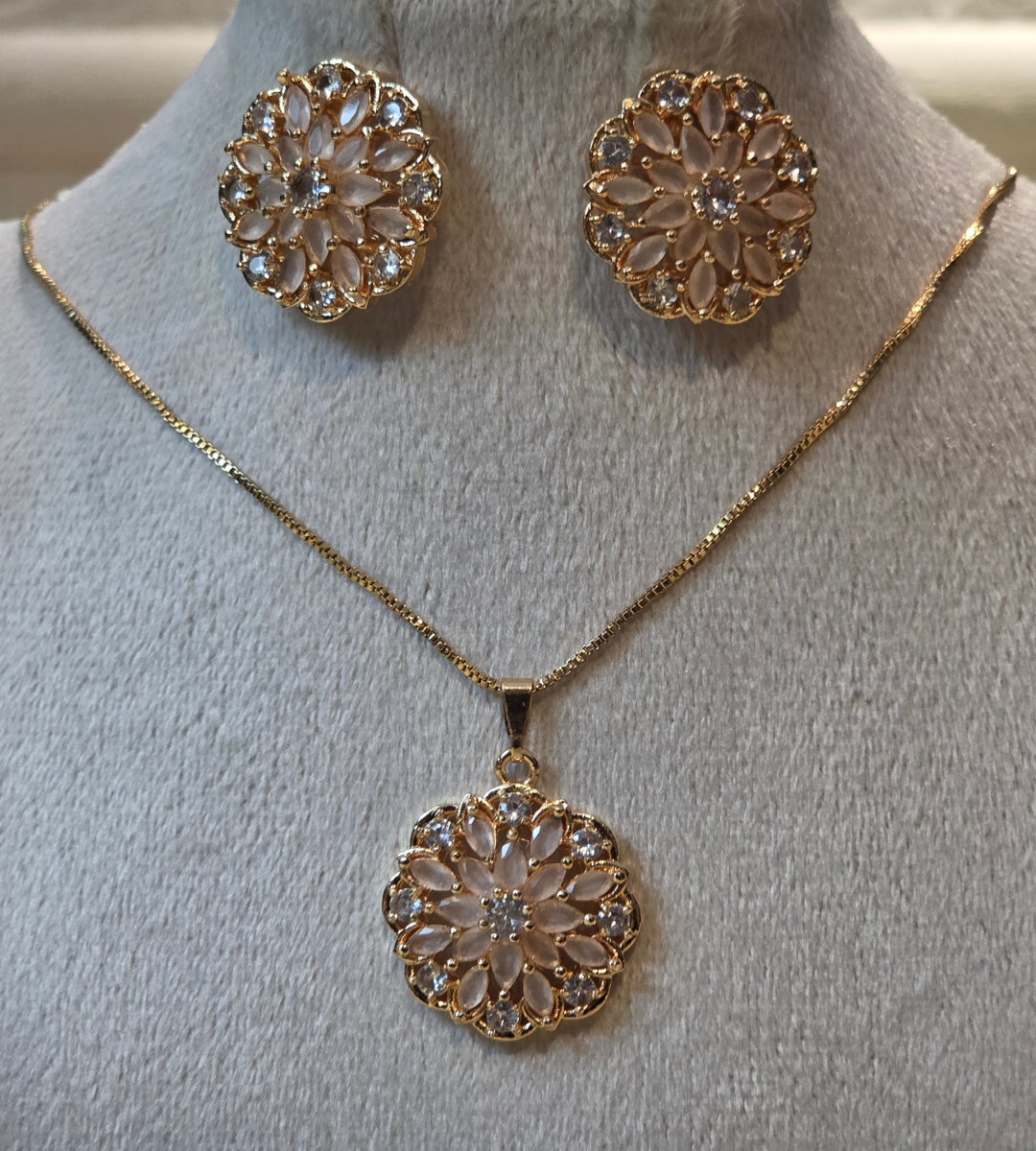 Gold-Plated Floral Pendant and Earring Set (Stone Color= Pink)