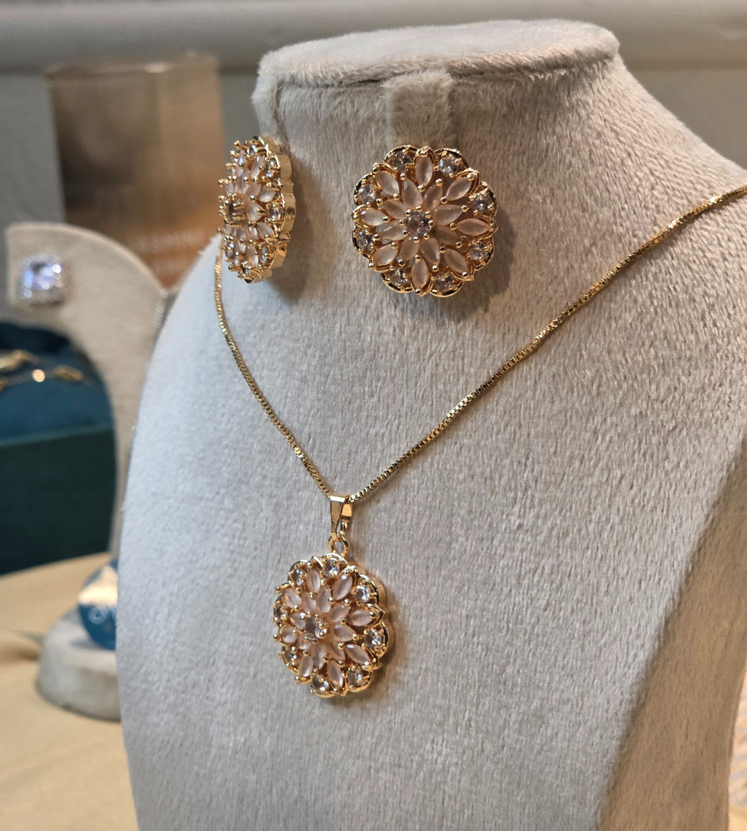 Gold-Plated Floral Pendant and Earring Set (Stone Color= Pink)