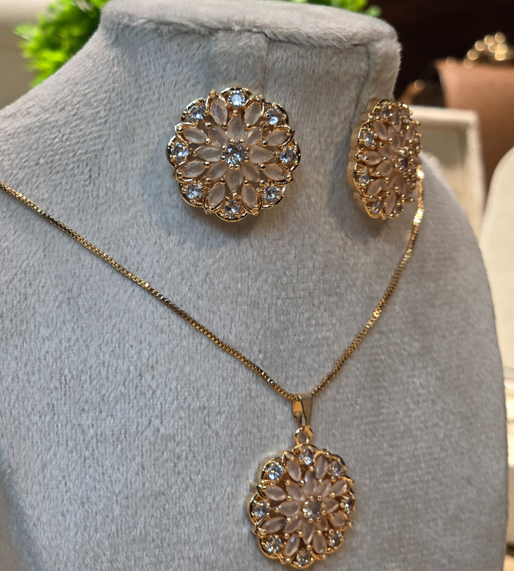 Gold-Plated Floral Pendant and Earring Set (Stone Color= Pink)