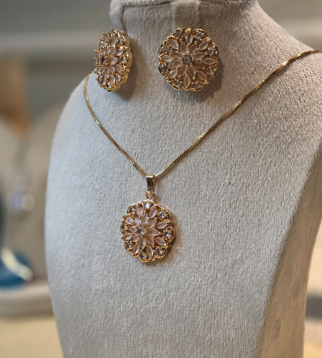 Gold-Plated Floral Pendant and Earring Set (Stone Color= Pink)