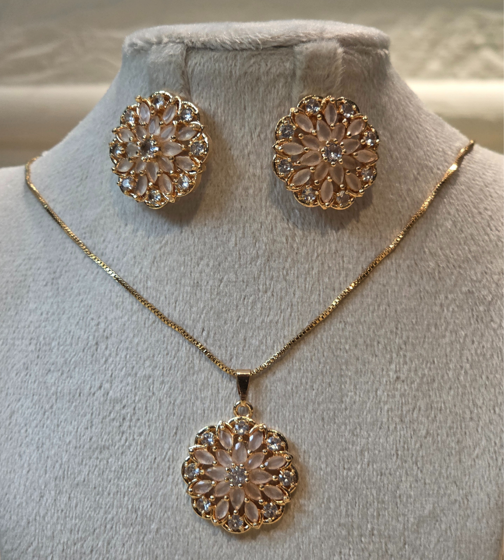 Gold-Plated Floral Pendant and Earring Set (Stone Color= Pink)