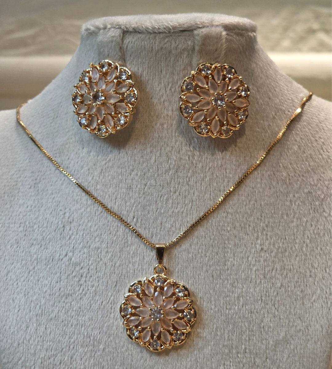Gold-Plated Floral Pendant and Earring Set (Stone Color= Pink)