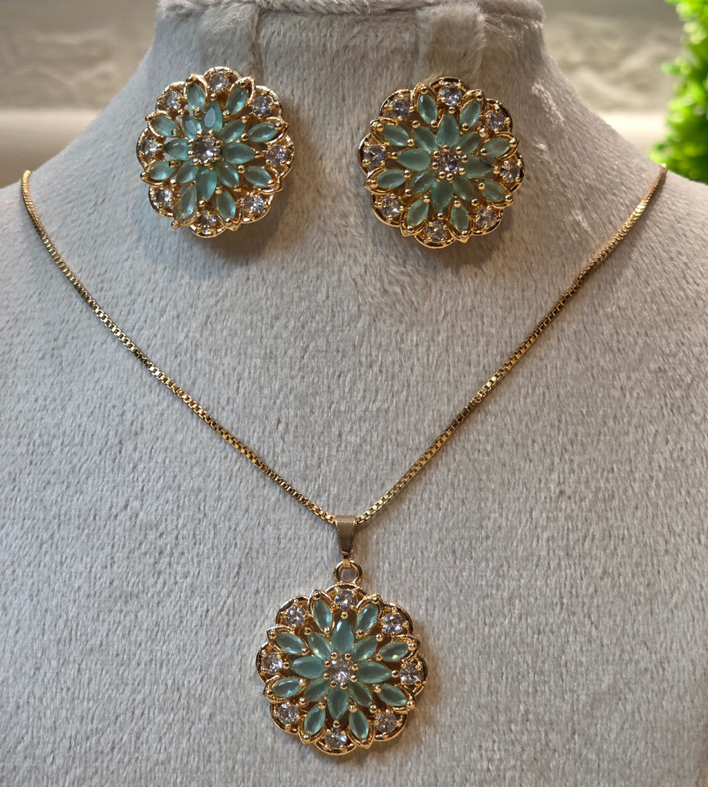 Gold-Plated Floral Pendant and Earring Set (Stone Color= Emerald)