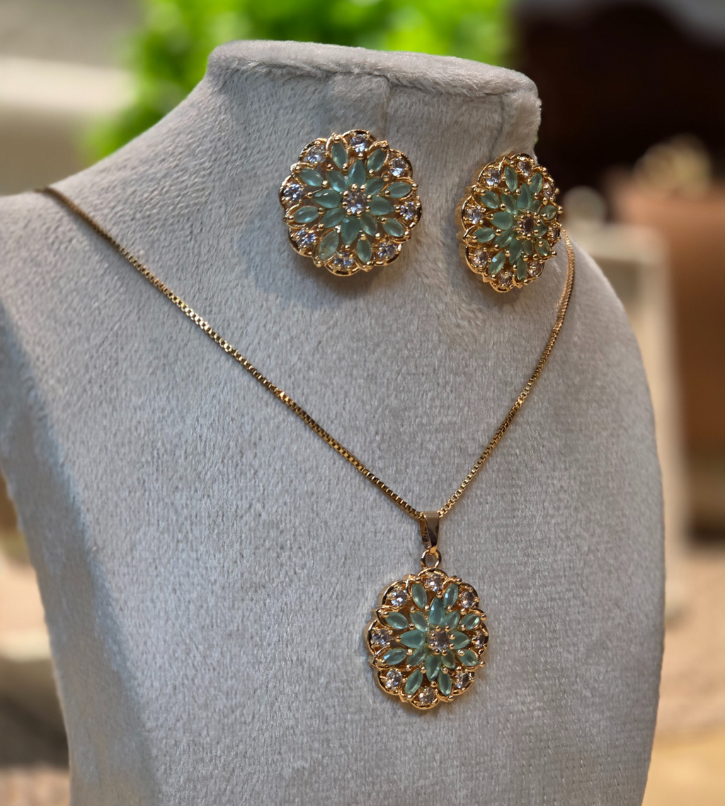 Gold-Plated Floral Pendant and Earring Set (Stone Color= Emerald)
