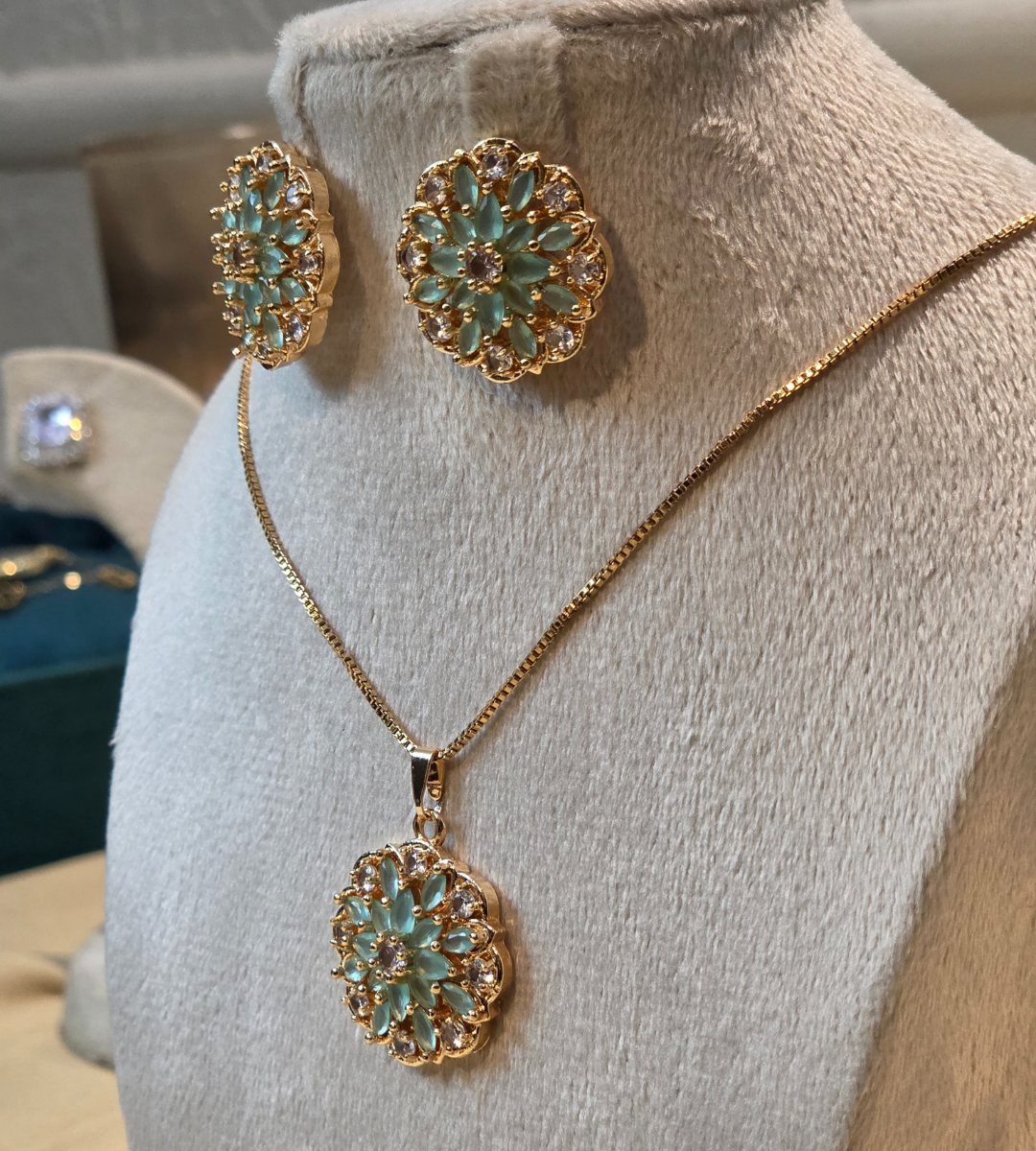 Gold-Plated Floral Pendant and Earring Set (Stone Color= Emerald)