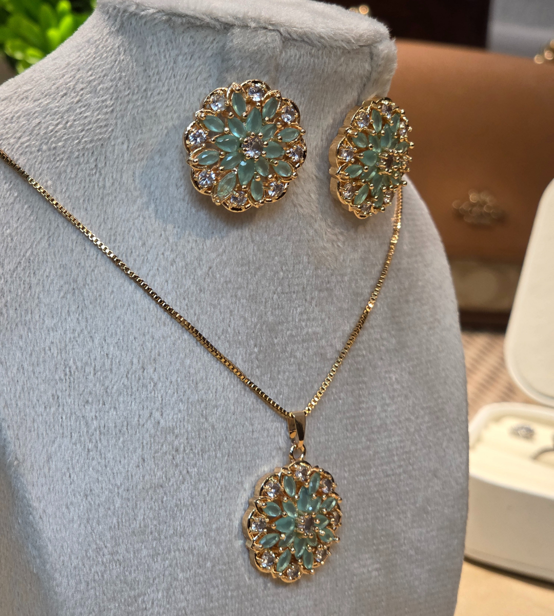 Gold-Plated Floral Pendant and Earring Set (Stone Color= Emerald)
