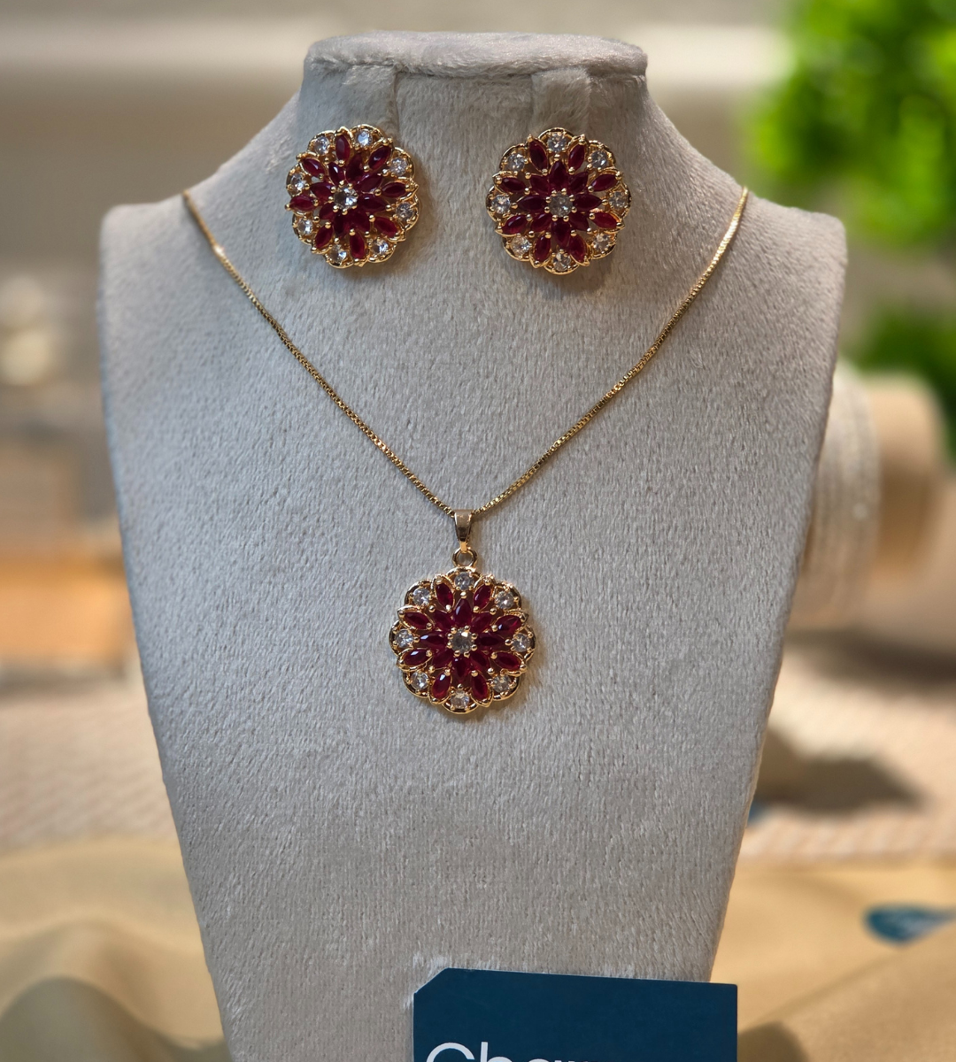 Gold-Plated Floral Pendant and Earring Set (Stone Color= Deep Red)