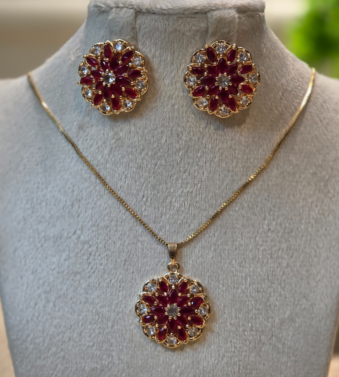 Gold-Plated Floral Pendant and Earring Set (Stone Color= Deep Red)