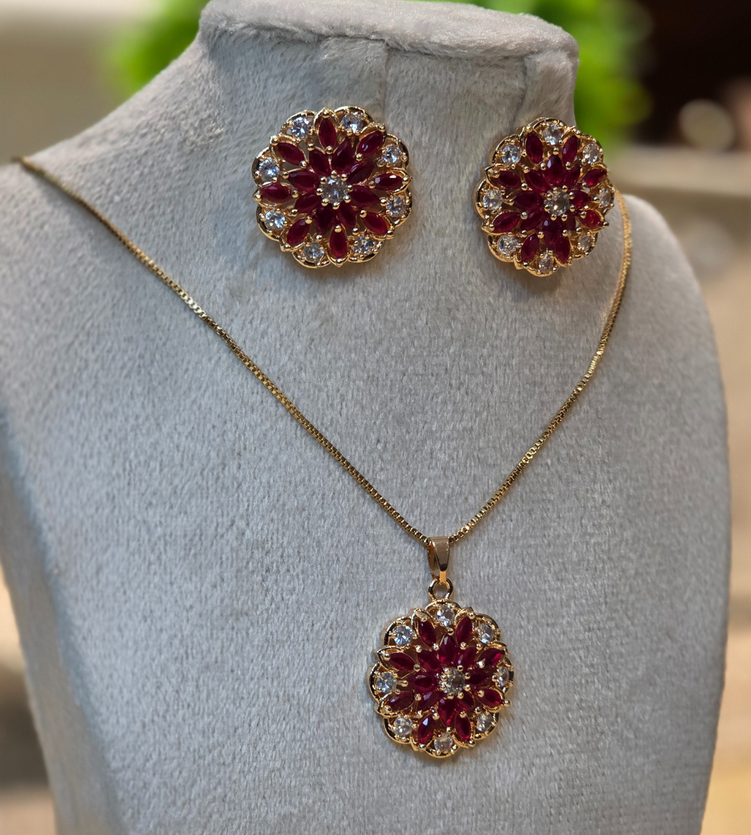 Gold-Plated Floral Pendant and Earring Set (Stone Color= Deep Red)